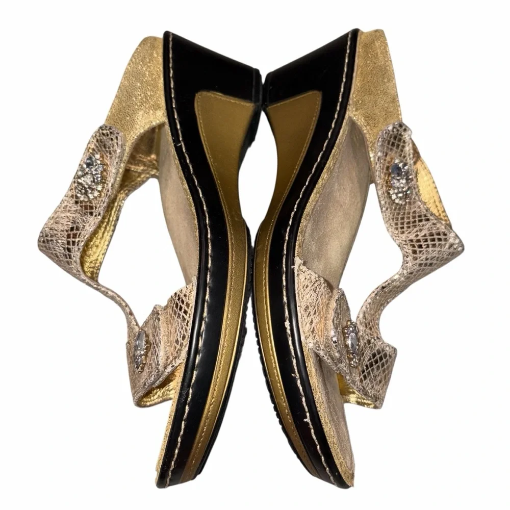 Alegria Lara Gold Metallic Snake Print Wedge Slide Sandals Shoes size 39